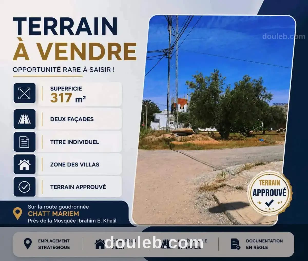 Terrain approuvé 317m deux façades à chatt mariem à Sousse