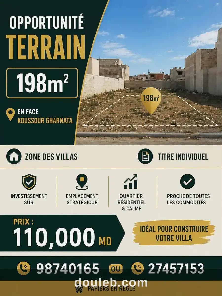 Lot 198m zone des villas en face koussour gharnata à Sousse