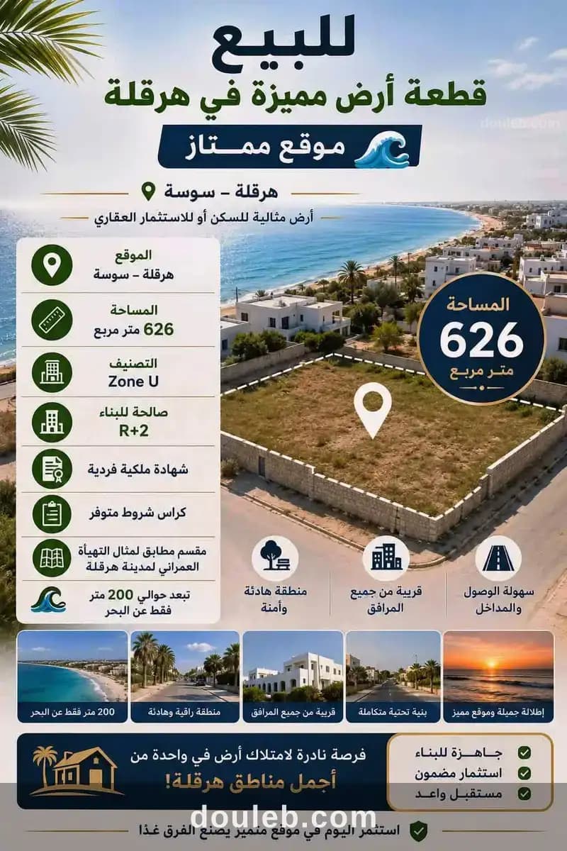 Terrain approuvé 626m à 200m de la plage hergla à Sousse