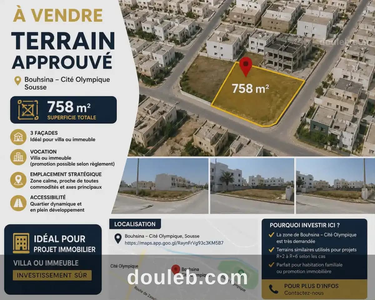 Terrain approuvé 758m cité olympique bouhsina à Sousse