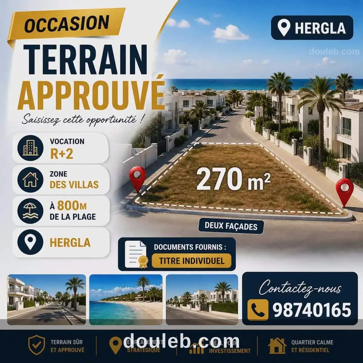 Terrain approuvé 270m à 800m de la plage hergla à Sousse
