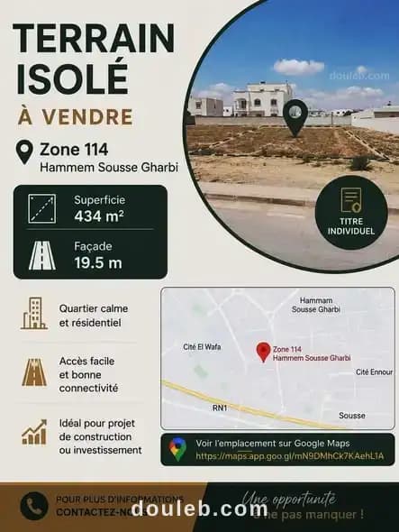 Terrain isolé 434m zone 114 hammam sousse ghrabi à Sousse