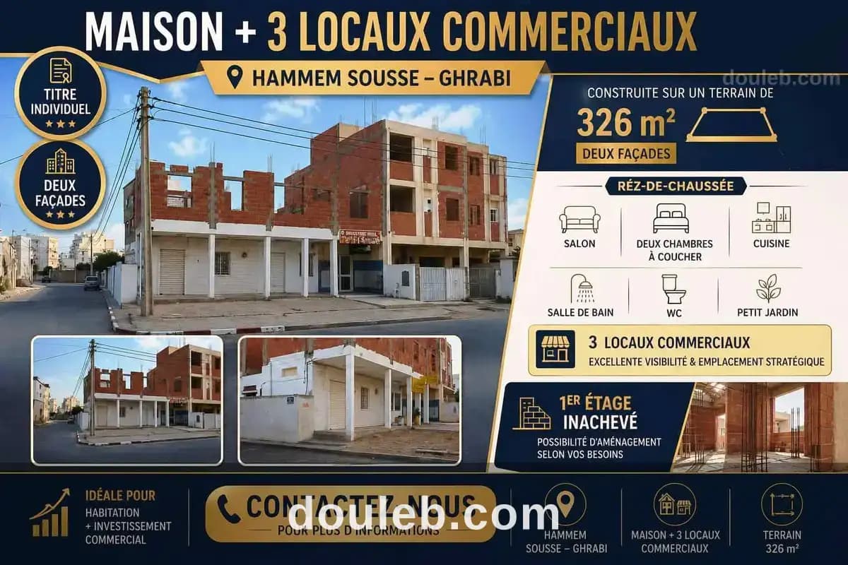 Maison et 3 locaux commercieaux hammem sousse à Sousse