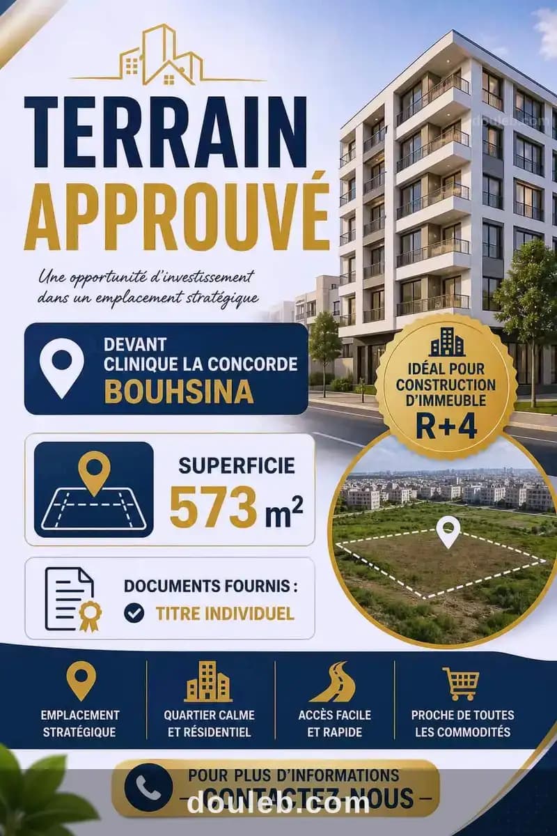 Terrain approuvé 573m devant clinique la concorde à Sousse