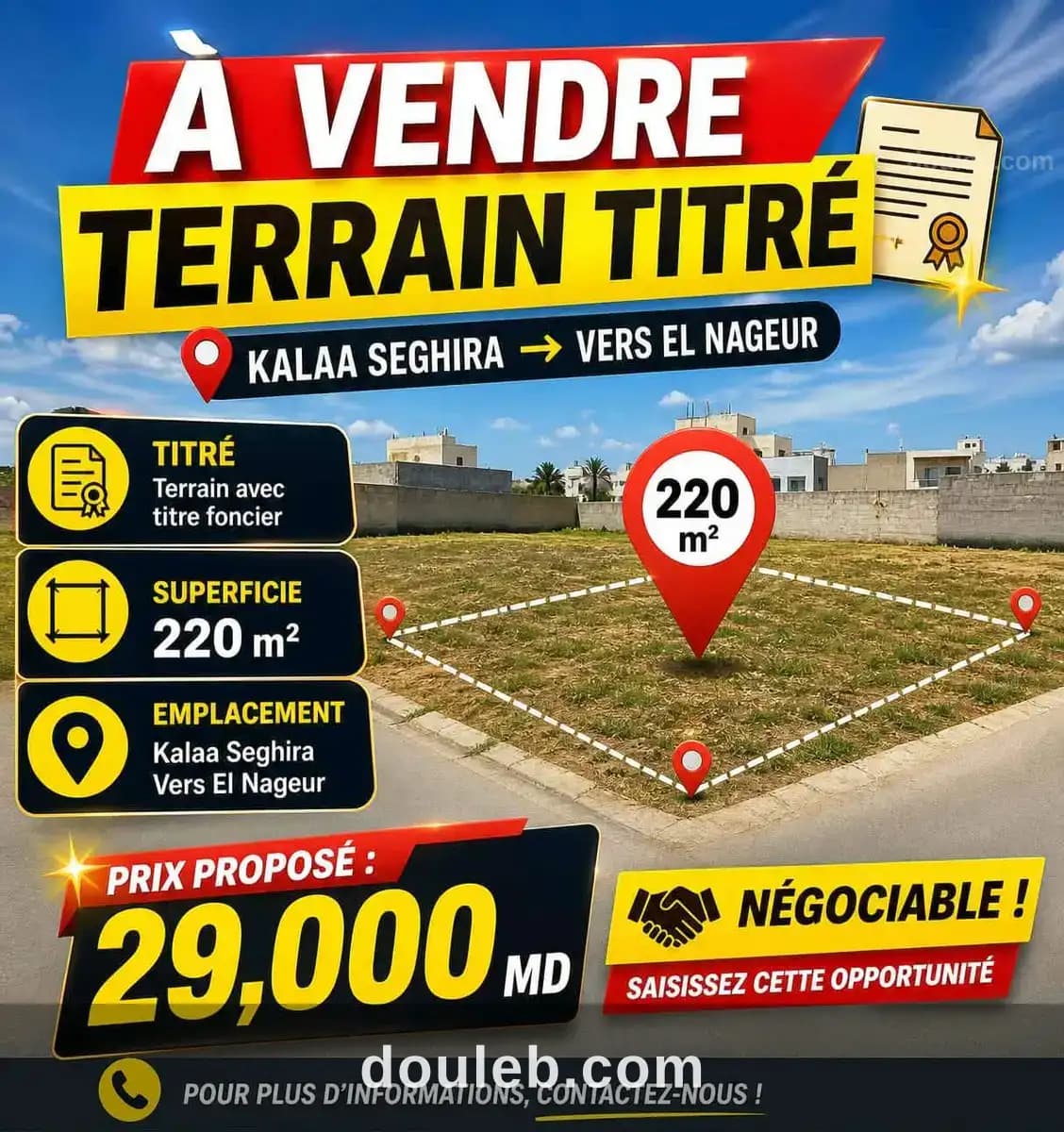 Terrain titré 220m à kalaa seghira vers el nageur à Sousse