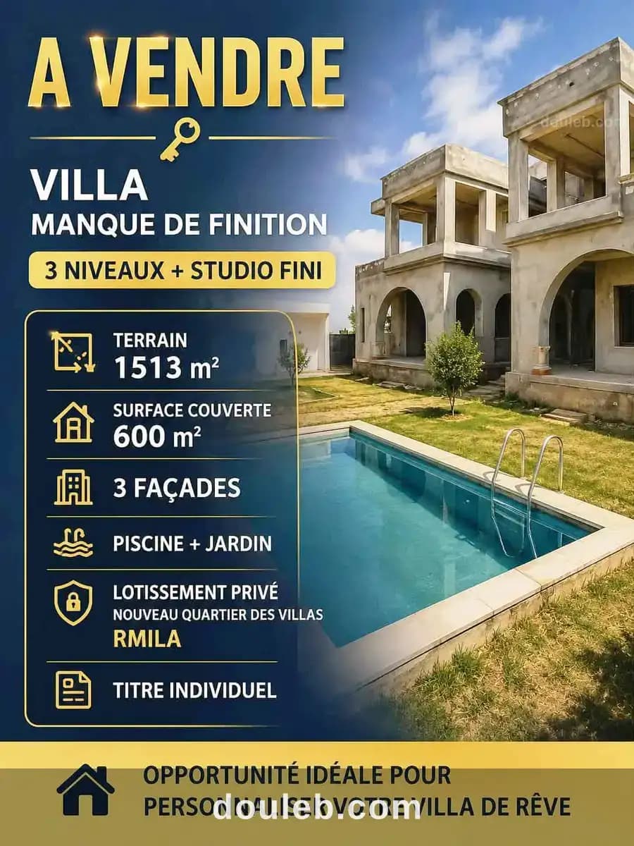 Villa sur 3 niveaux manque de finition à rmila à Sousse