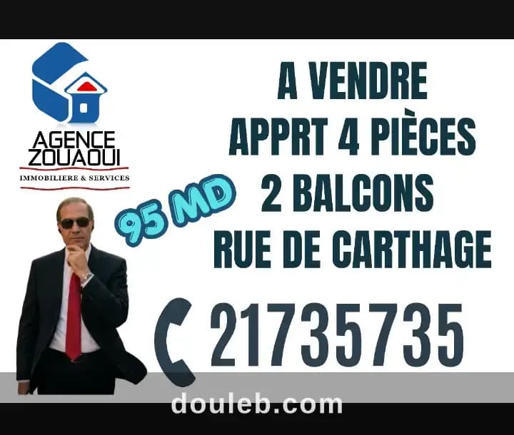 Apprt 4 p 2 balcons centre ville 95 md à Tunis