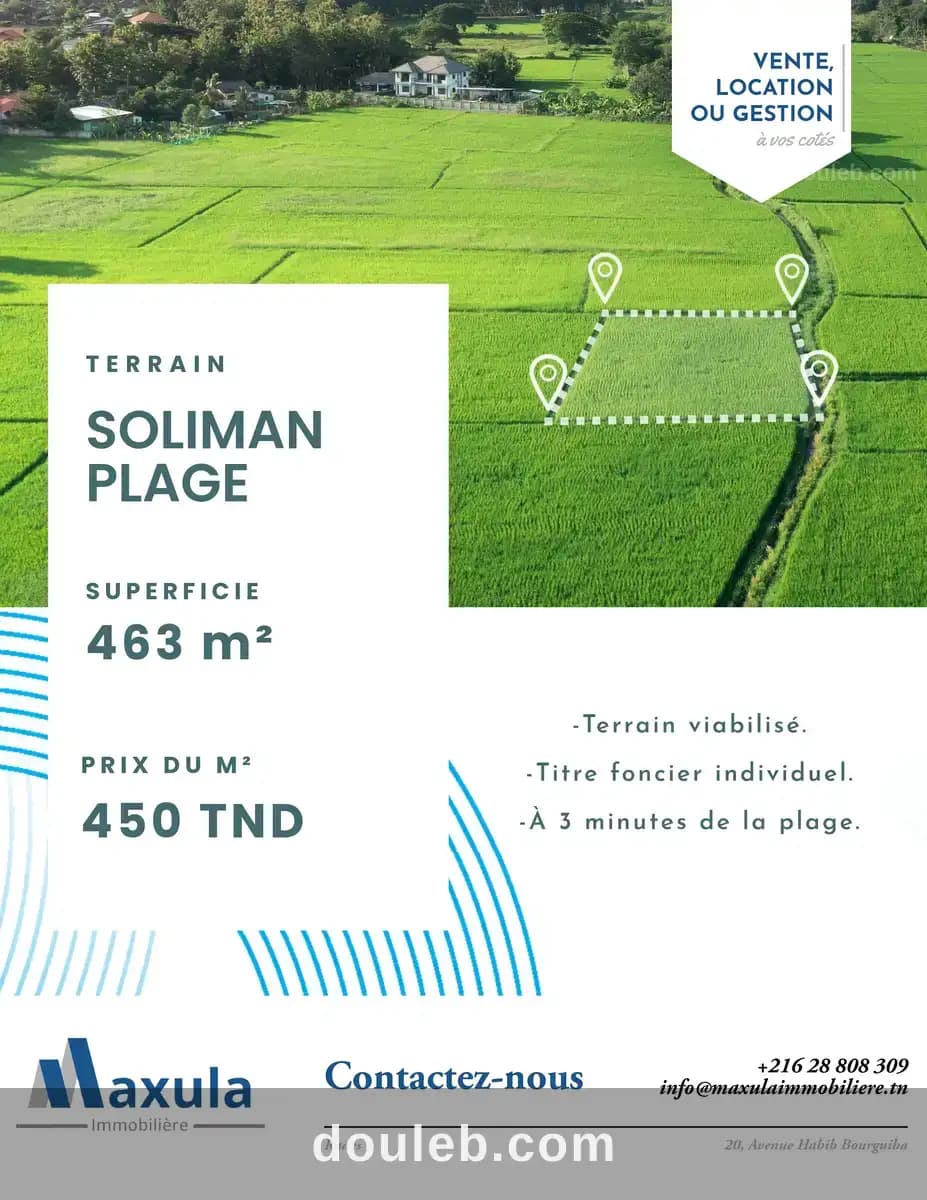 Terrain de 463m a soliman plage à Nabeul