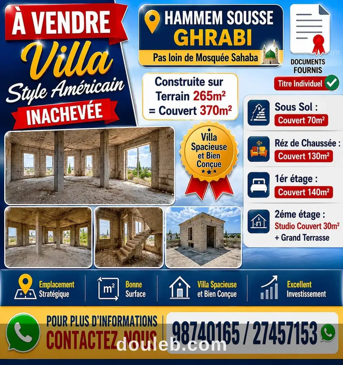 Villa style américain inachevé hammem sousse à Sousse