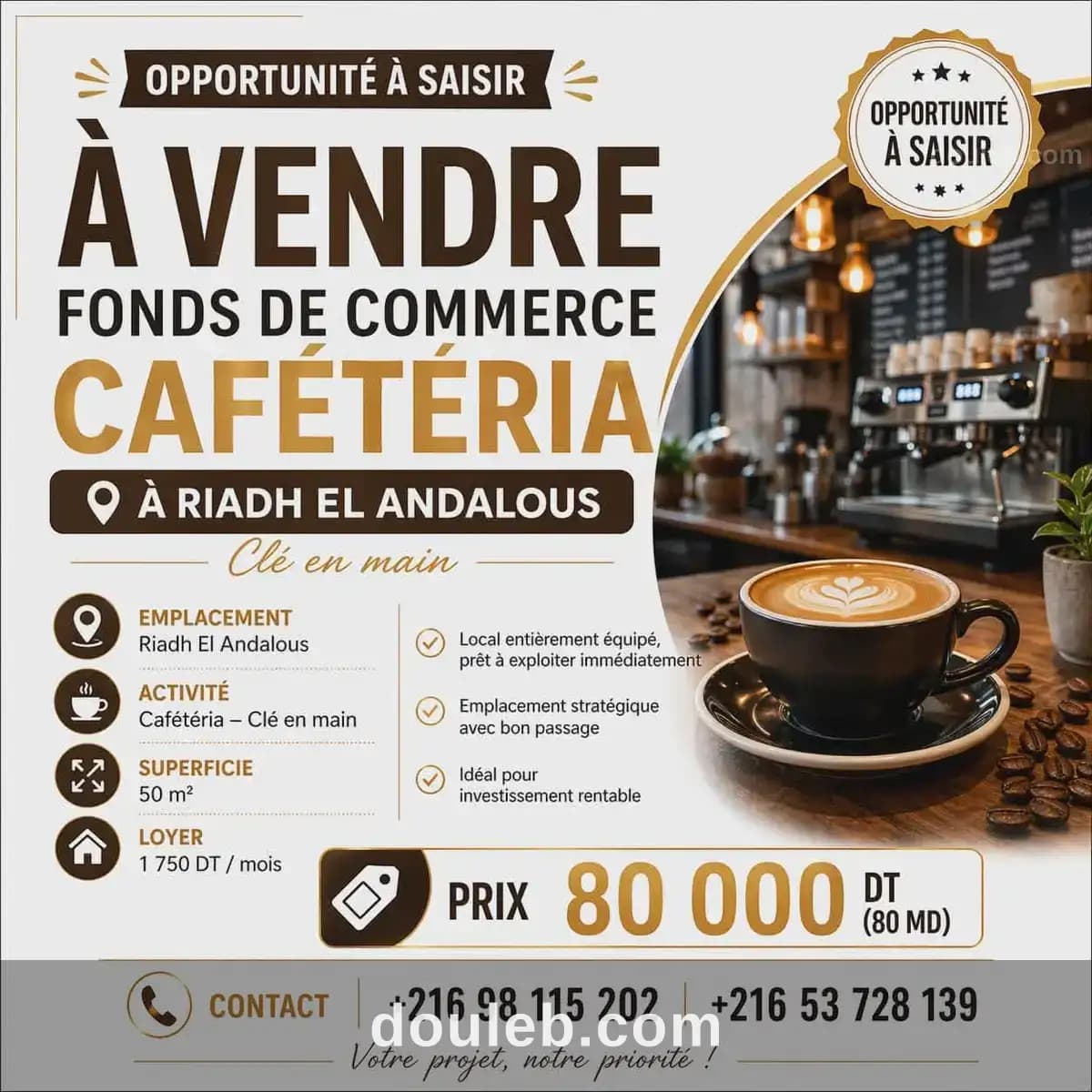 Cafétéria clé en main 80 md riadh el andalous à Ariana