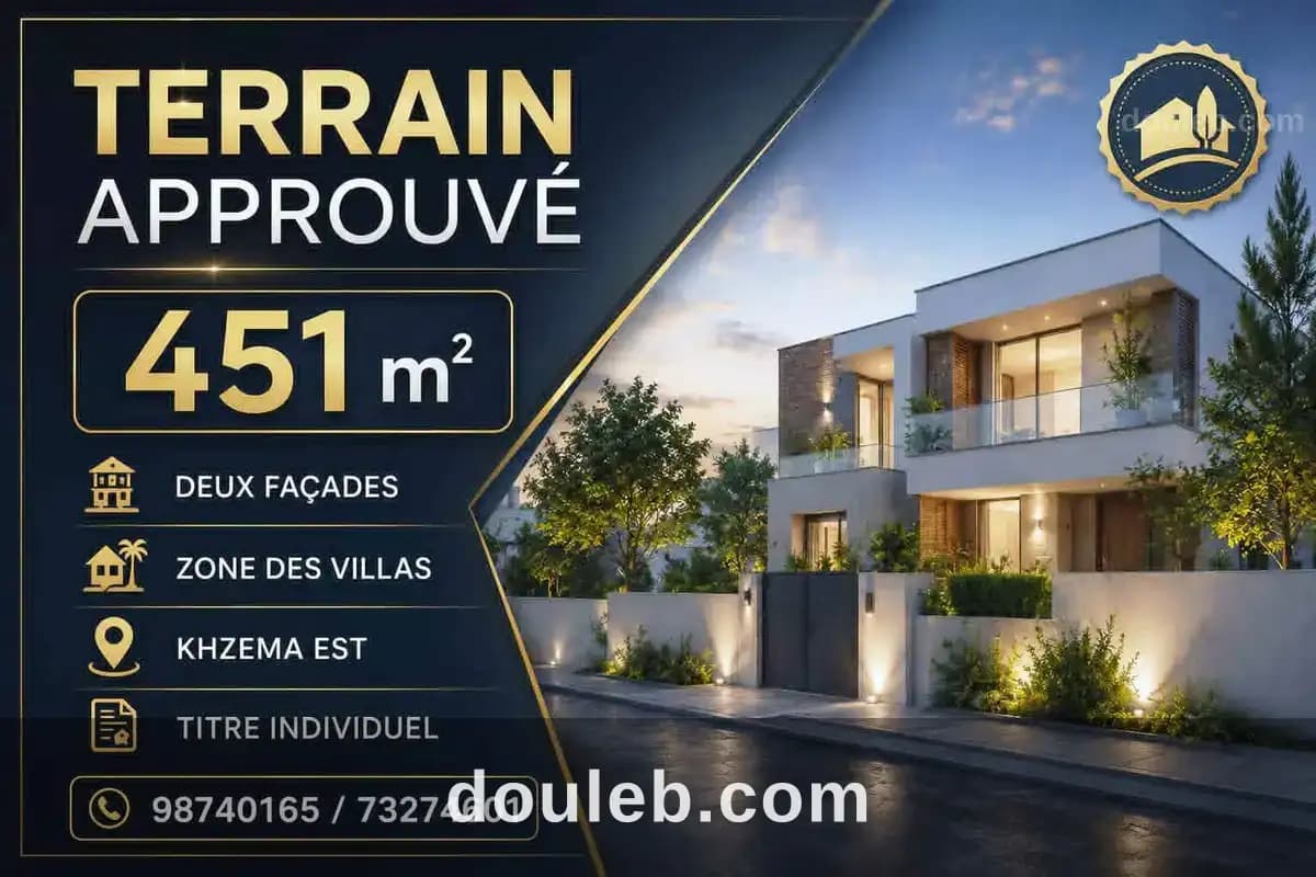Terrain approuvé 451m deux façades à khzema est à Sousse